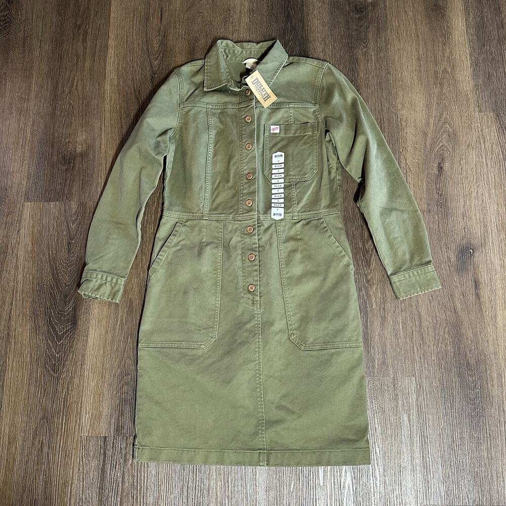 Duluth Trading Co Womens XS Makers Studio‎ Dress Olive Green Pockets Long Sleeve